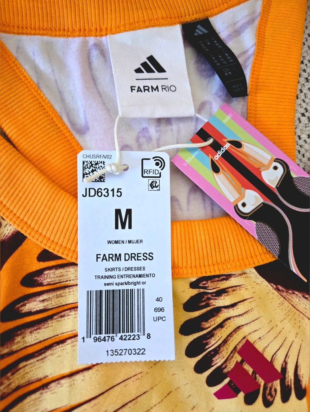 NWT ADIDAS x FARM RIO Orange Graphic Tucan Print Slim Sleeveless Dress Size: M - Picture 4 of 12